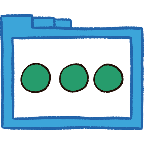 a hollow blue folder with thick lineart. inside is an ellipsis (three large circles in a row) with black lines and green colour.